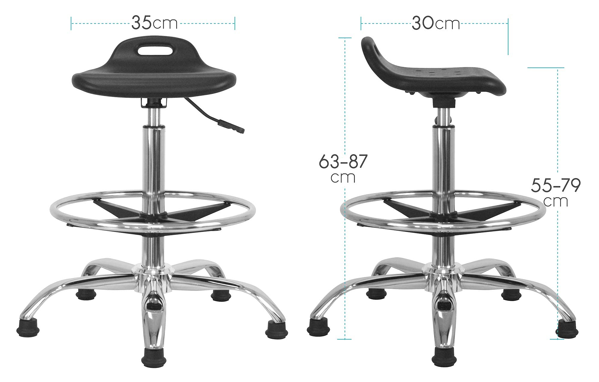 Waytex Siège Assis-Debout, Tabouret de Bureau Haut, Réglable 55–79 cm, Assise Ergonomique, Repose Pied Réglable, Pieds Fixes, Structure métal chromé, pour Bureau et Tables Hautes