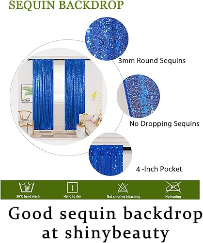 Miniatura 5 de Cortinas de lentejuelas 2 paneles de 2 pies x 8 pies, color azul real, con purpurina, telón de fondo de fotos de lentejuelas azul rey, M1120