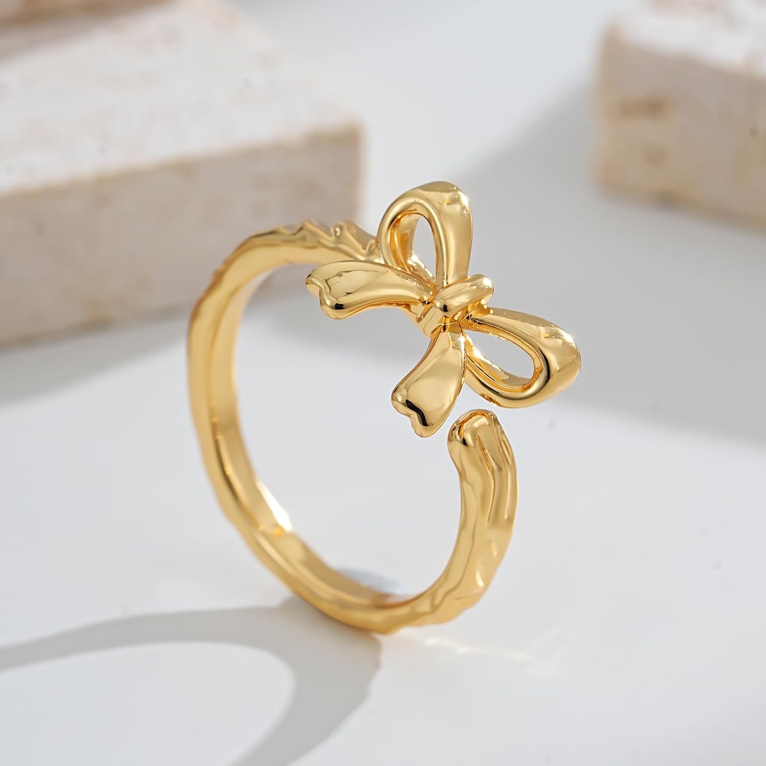 Bow Rings for Women 14K Gold Plated Adjustable Open Ring Hammered Texture Bowknot Statement Band Ring Trendy Stackable Holiday Jewelry Gifts - Image 6