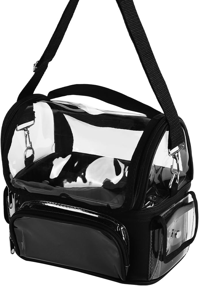 Zibuyu® Makeup Brush Case Clear Waterproof Makeup Organizer Bag with Adjustable Dividers, Multi-Pocket Transparent Vanity Bag for Travel, Artists & Daily Storage, with Handle & Shoulder Strap, Black
