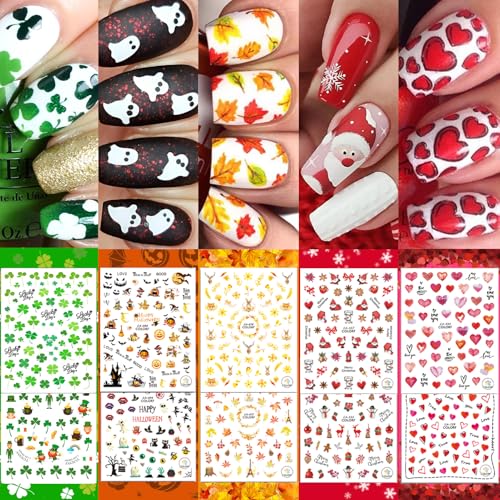 30 Sheets Fall All Holiday Nail Stickers, Autumn Halloween Christmas Thanksgiving Valentine's St. Patrick's Day Nail Art Decals Mixed All Season Set, Self-Adhesive Year-Round Manicure Decorations