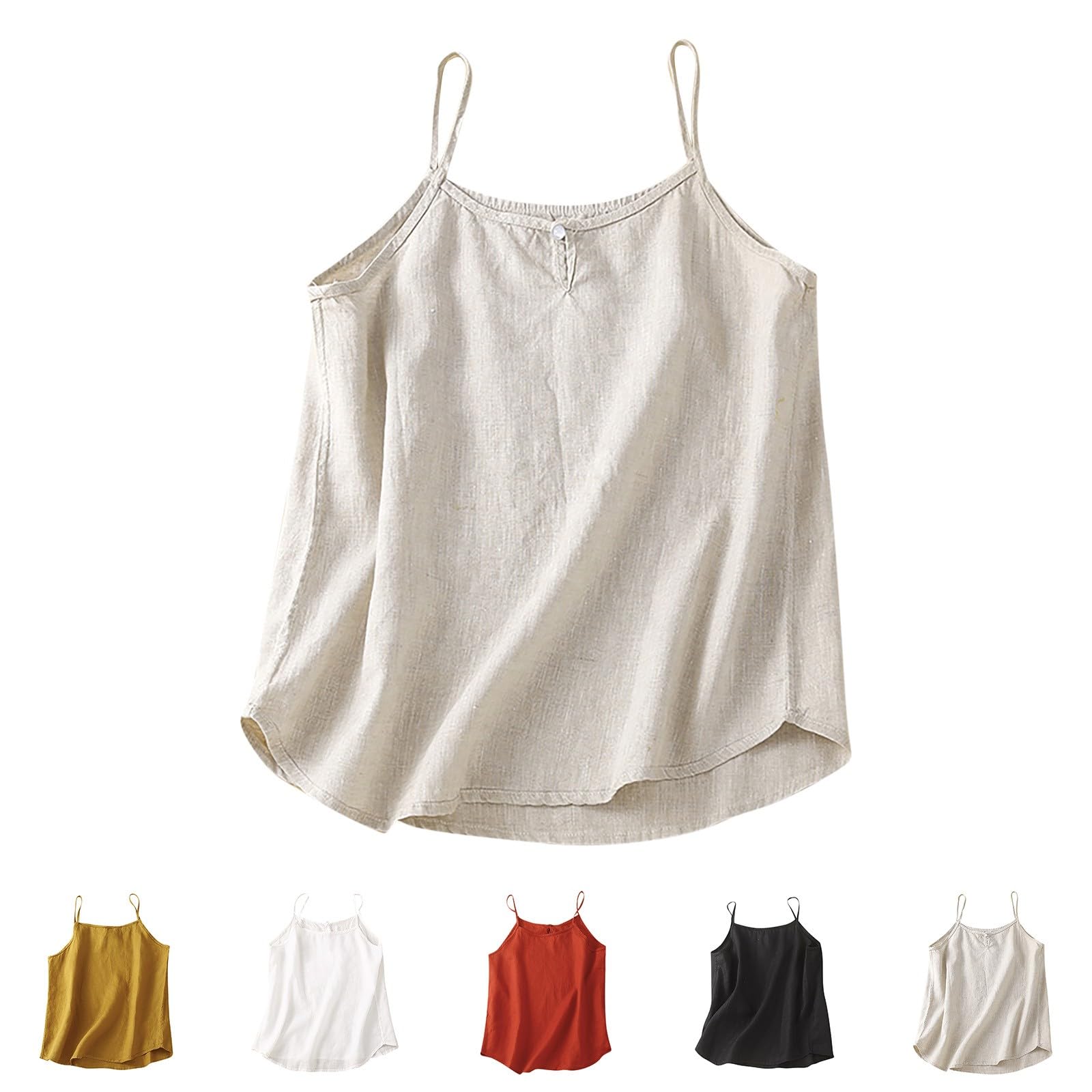 Womens Cotton Linen Camisole Tank Tops Causal O-Neck