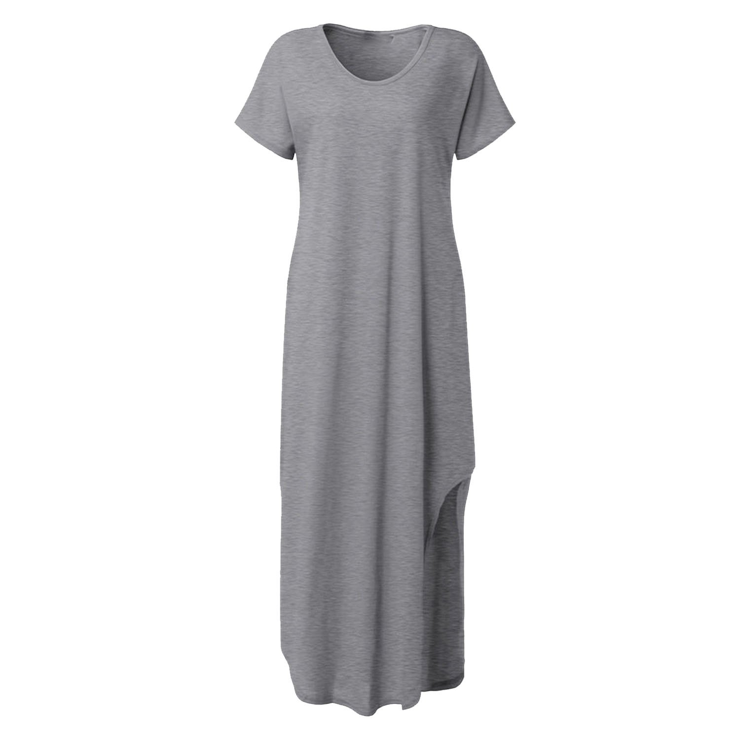 Lovely-Shop dresses Summer V Neck Casual Slit Hem Solid Party Beach Maxi Long Dress Brief Vestido Plus Size,Grey,4XL