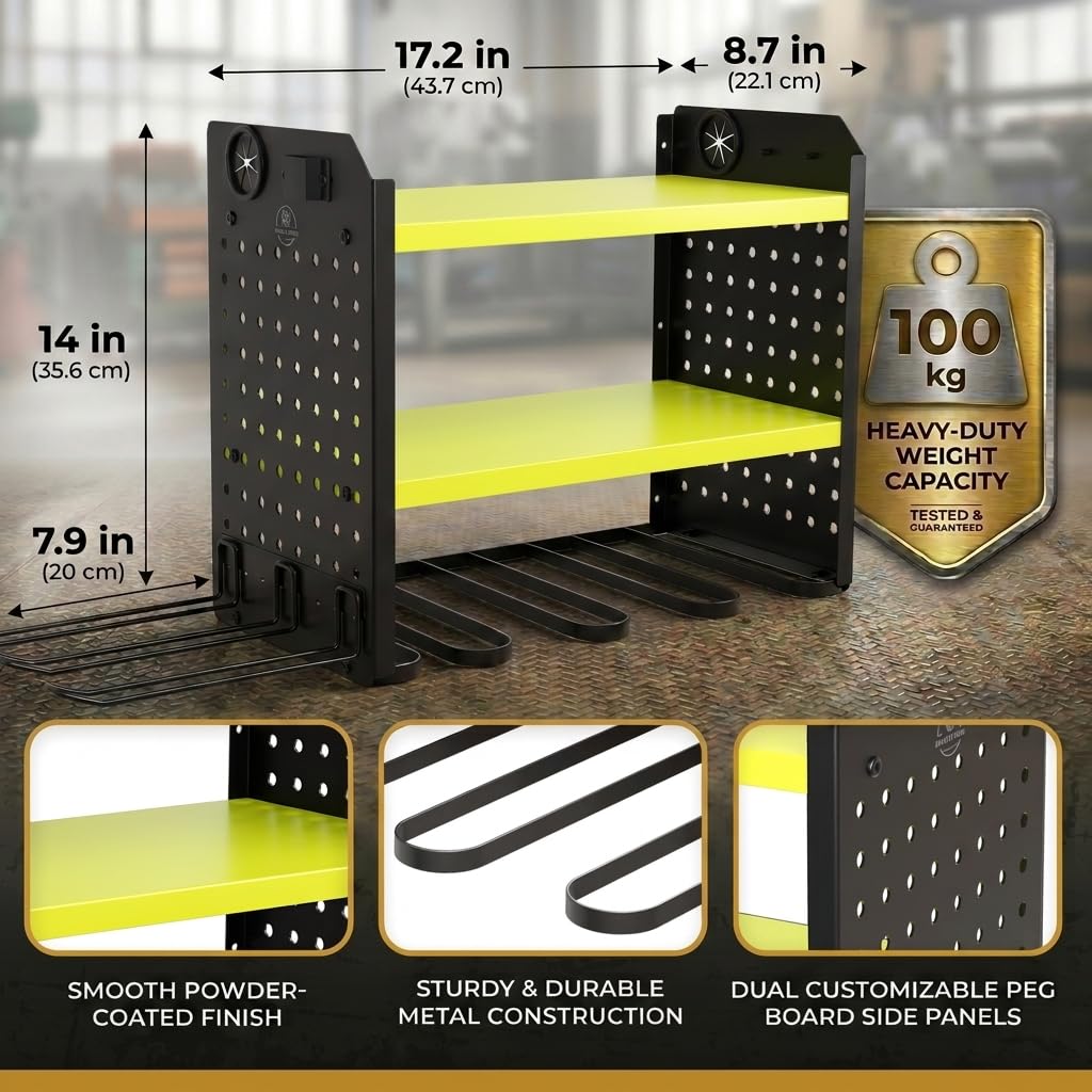 BUILTSTRONG Wandhalterung für Elektrowerkzeug-Organizer, 3-stöckig, robustes Stahlregal, 6 Bohrschlitze, zwei Stecktafelseiten, nebeneinander modular, 45,4 kg Kapazität, Garage und Werkstatt (grün)