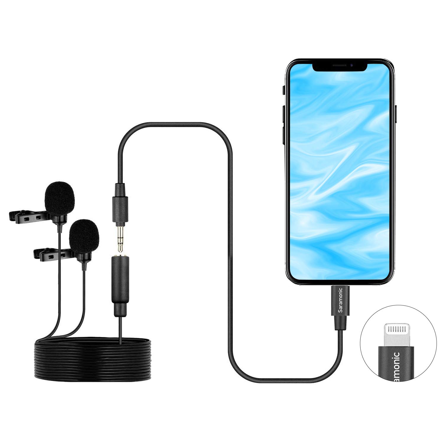 Saramonic LavMicro U1C Micrófonos de solapa digitales de doble cabezal Micrófono de solapa omnidireccional con adaptador de enchufe Lightning Compatible con iPhone iPad iOS MAC para YouTube Video