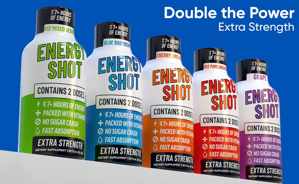 Image of Blue Raspberry Extra Strength Energy Shot 48 pk - 260mg Natural Caffeine B12 B6 - Energy & Focus Support - 2 Servings Sugar Free Zero Calorie Green Tea B-Vitamins Electrolytes Vegan - 1.93 fl oz