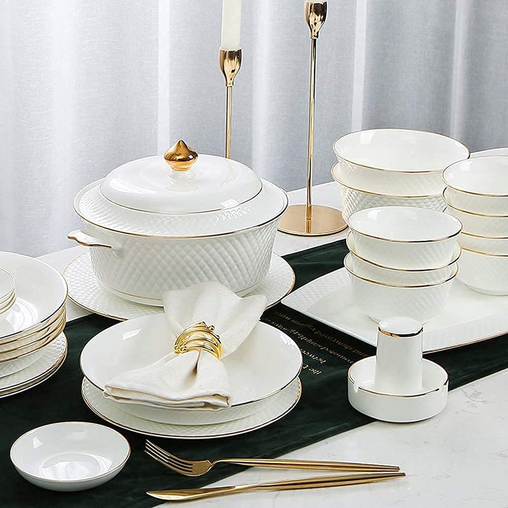 Ceramiczny zestaw zastawy stołowej, porcelanowa zastawa stołowa dla 6 osób, zawiera miski, talerze, garnek do zupy i łyżkę z białym tłoczeniem i złotym wzorem obramowania