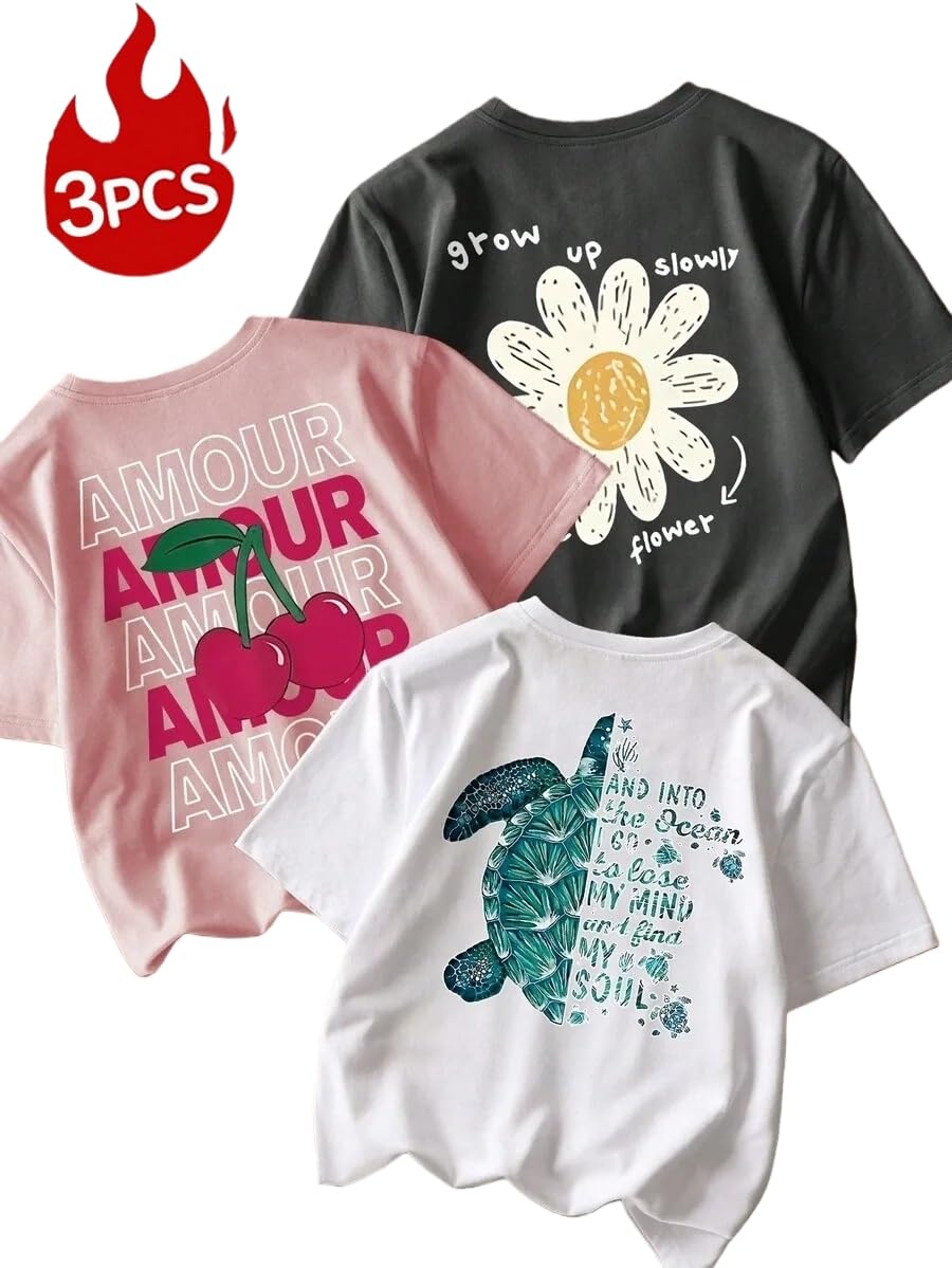 Paquete de 3 camisetas estampadas de manga corta con cuello redondo para niñas de 8 a 14 años — view 7