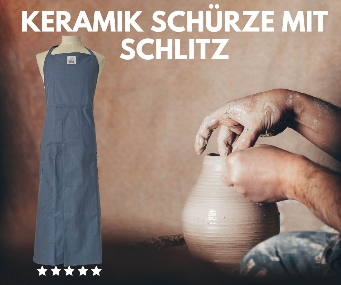 KERAMIKSCHÜRZE MIT SCHLITZ, TÖPFERNSCHÜRZE MIT SCHLITZ, 100% Baumwoll, für Männer und Frauen, Grün.