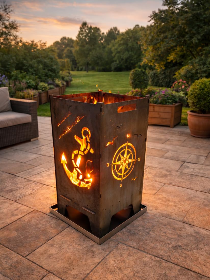 Lehnert Feuertonne Anker 74 cm aus 3 mm Stahlblech Feuerkorb Feuerschale Feuerstelle mit Anker und Kompass, große Massive und Feuerfeste Feuerstelle für Garten und Terrasse