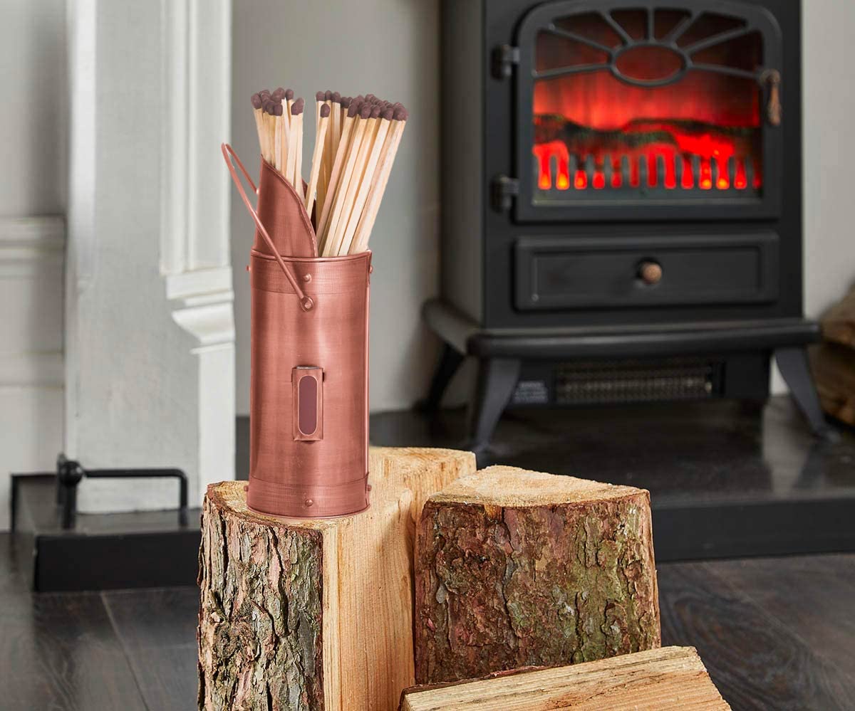 Vintage Decor ® Copper Antique Finish Fireside Match Holder Striker Pad Canister with Handle H20cm Complete with 100 Extra Long Matches 28cm Perfect for Open Fires, boilers, Stoves-image-16