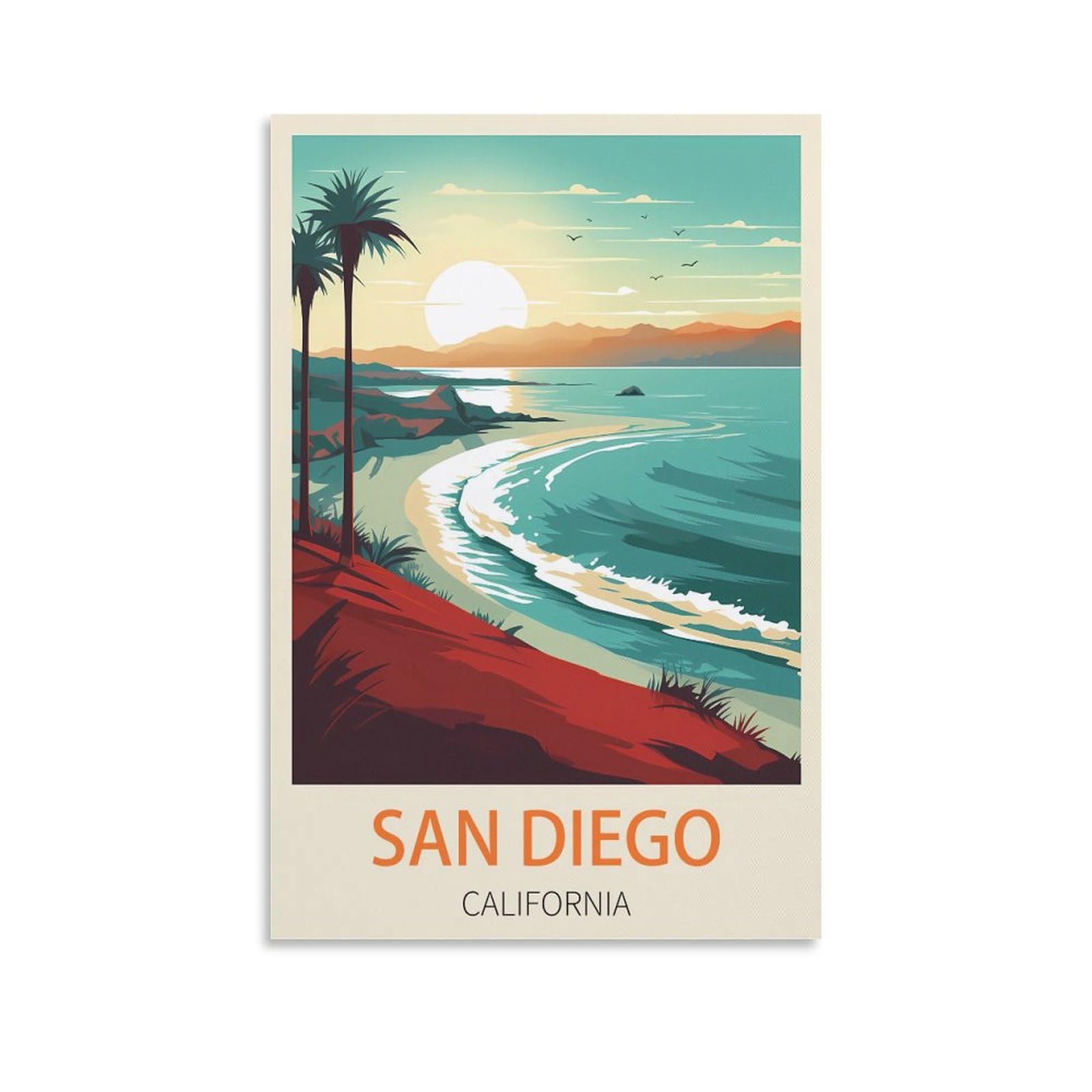 Unniq Unframe-Style San Diego California Beach Vintage Travel Posters Sunrise 08X12inch(20X30cm) Canvas Painting Wall Art, Wall Decor Pictures Prints For Living Room Bedroom