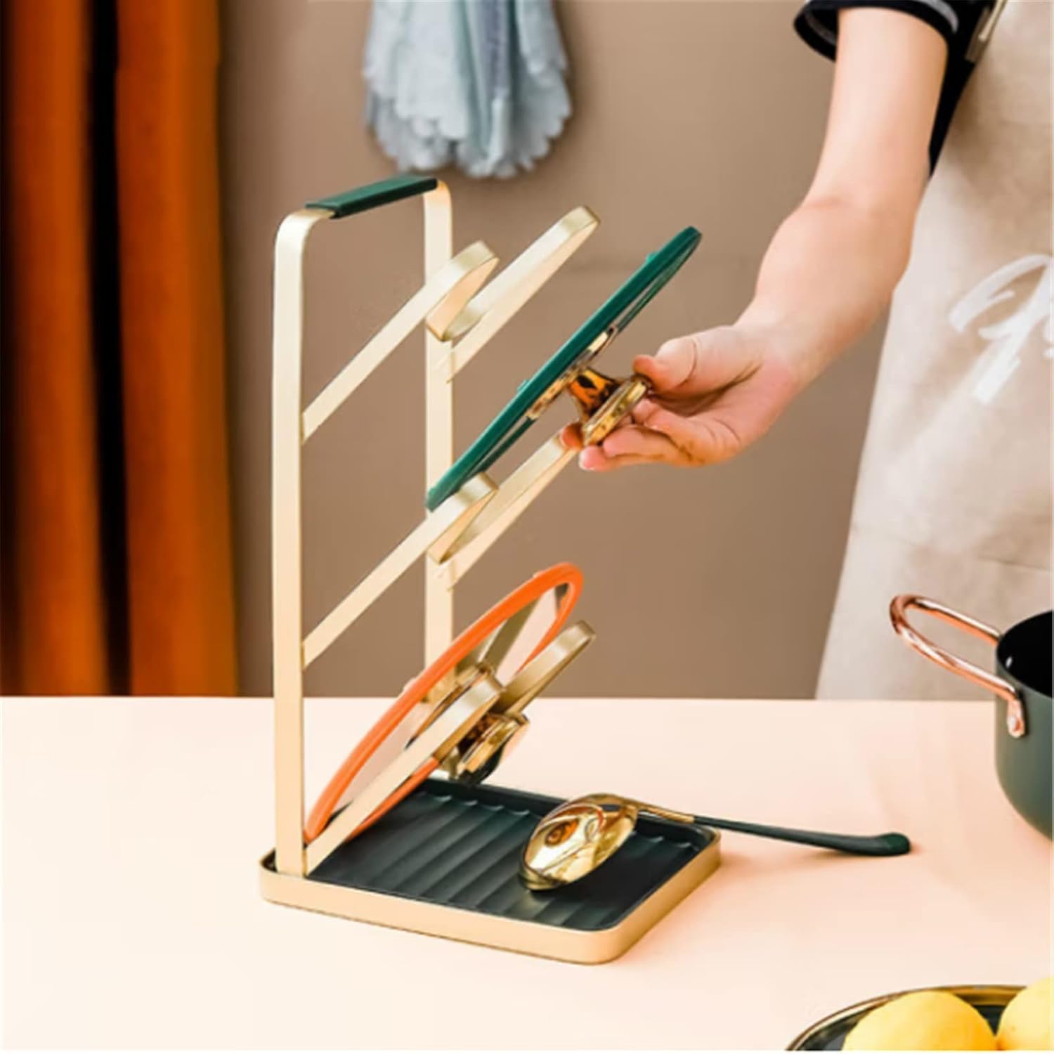 鍋置きラック 鍋蓋置き ポット蓋ラックスパチュララックカウンタートップキッチンポットの蓋 多機能 蓋収納 ラック (色 : Gold