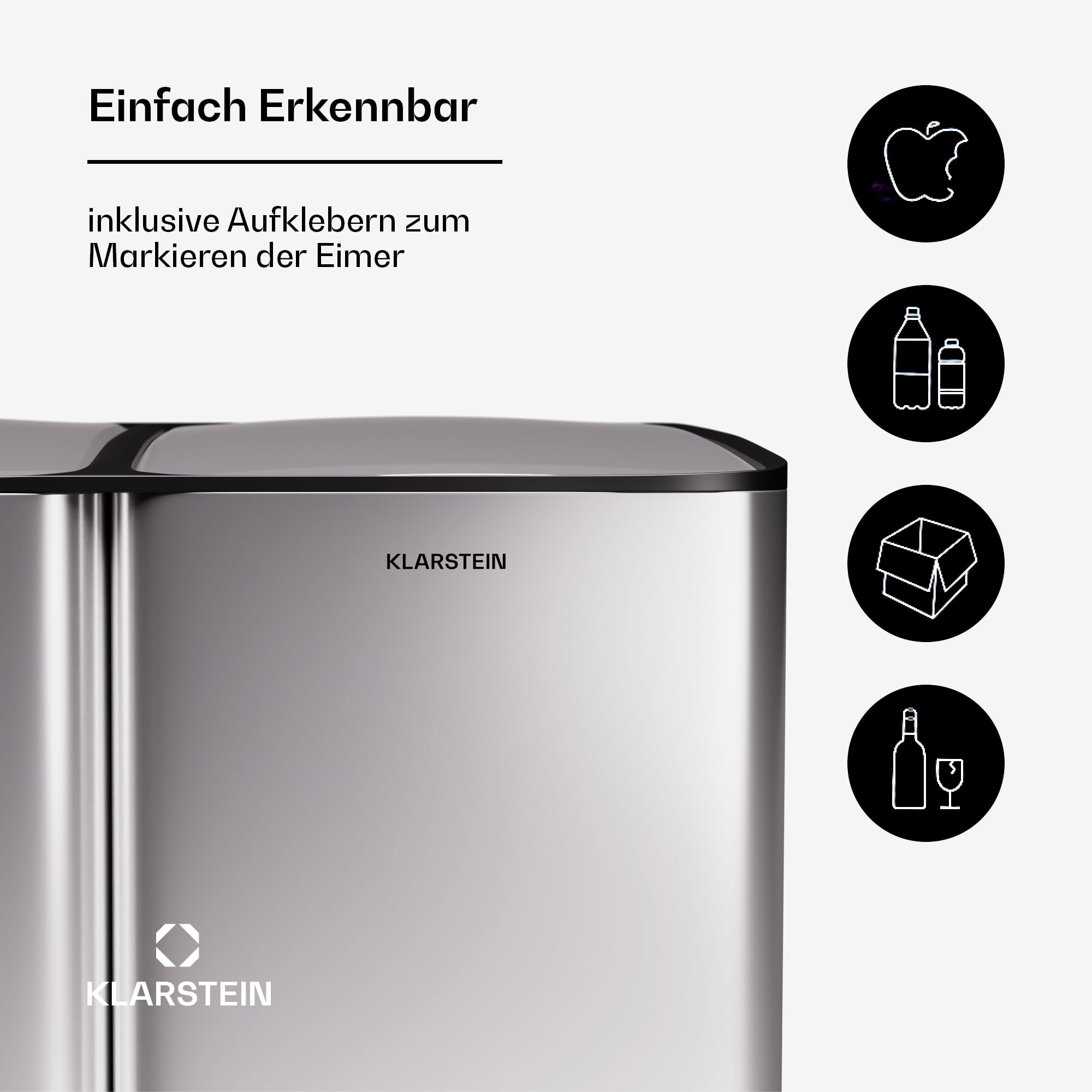 Klarstein Tiyo 3-in-1 Mülleimer - 60L Küchen-Abfalleimer mit Pedale & Soft-Close-Deckel, Edelstahl, herausnehmbare Eimer, Trennsystem, Aufkleber