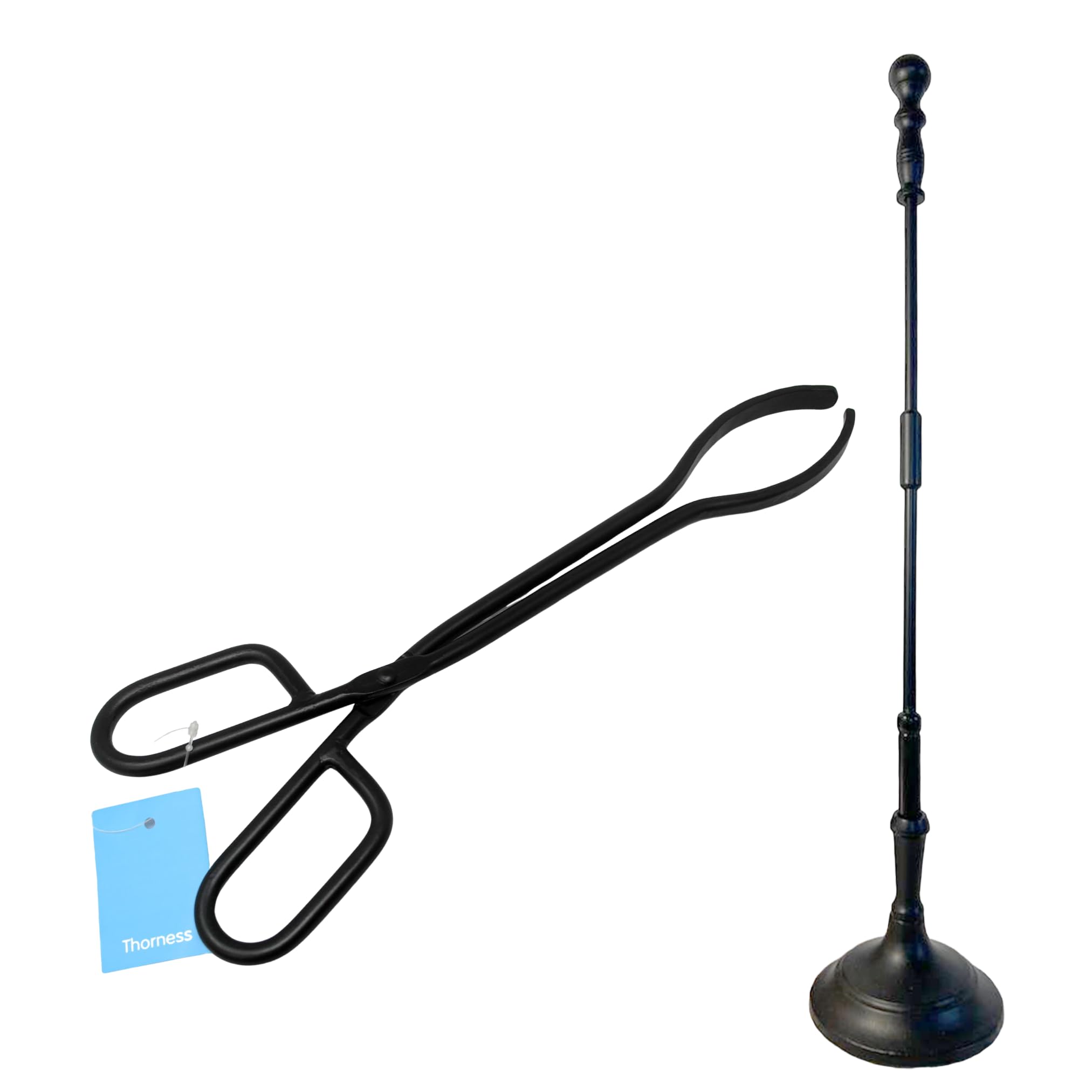 Black Steel Log Tongs and Cast Iron Poker Fireplace Tool Set โ Heavy Duty Fire Pit and Wood Burning Stove Accessory for Safe Log Handling and Fire Management