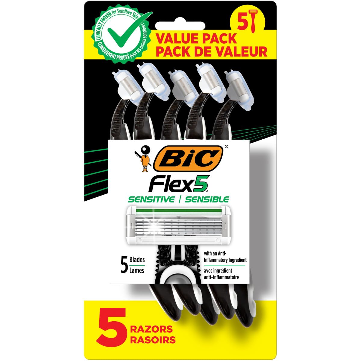 BIC Flex 5 Sensitive Disposable Razor, 5-Count Pack of Men's Razors