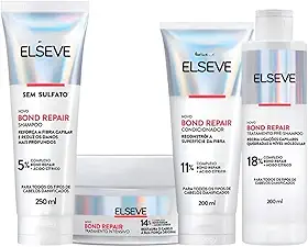 Kit Tratamento Bond Repair Completo Reparação Molecular com Ácido Cítrico, Reconstrói Ligações e Devolve Força aos Cabelos Danificados (Pré-Shampoo + Shampoo + Condicionador + Máscara)