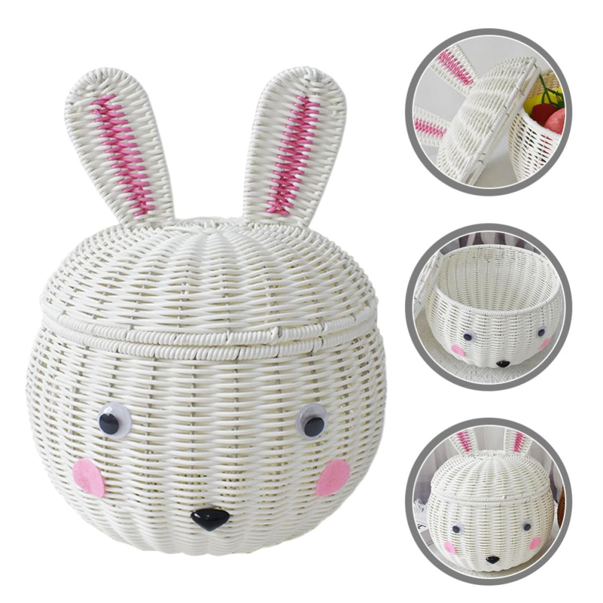 Uonlytech Cesta de Ratán para Guardar Frutas y Juguetes Forma de Conejo de Dibujos Animados Cesta de Almacenamiento Material Pp Resistente y Estable para Cocina y Hogar