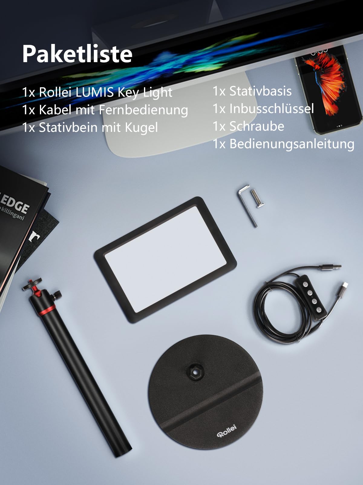 Rollei Lumis Key-Light, LED Videolicht inkl. Tischstativ mit Fernbedienung am Kabel zum Ausleuchten von Video-Streams und Konferenzen 28555 schwarz