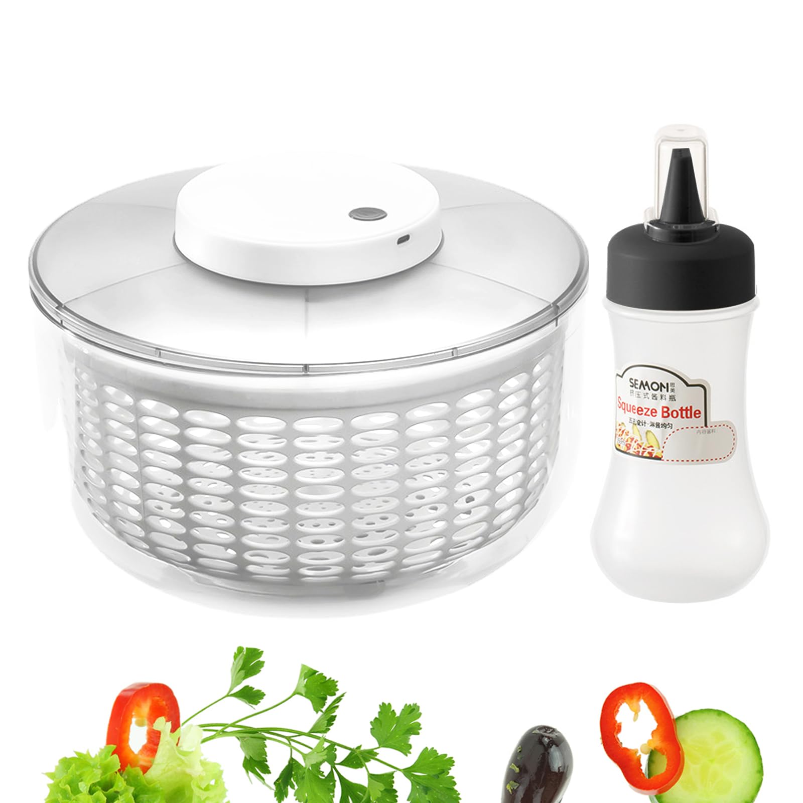 Centrifugador eléctrico de ensalada, 6 L, de gran capacidad, automático, para verduras, frutas, escurridor, escurridor, colador de lechuga de carga USB, con botella exprimible de 350 ml para la cocina