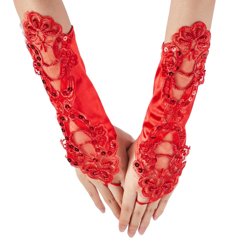 2 Paires Gants Courts Dentelle Sans Doigts Roses Lolita Noirs Rouges - Manchettes Volants Gothique Costume Mariée Halloween Bal