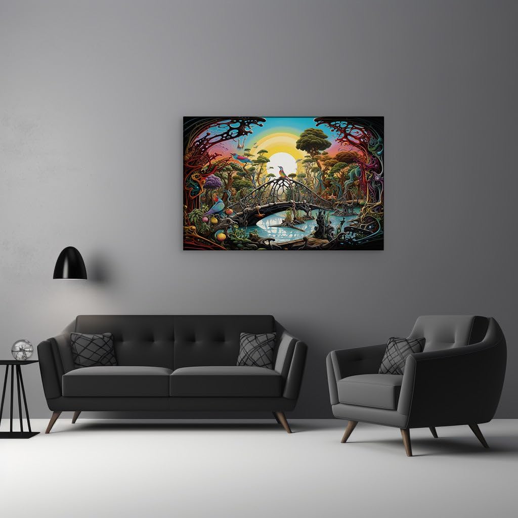 Canvas for Living room. Whimsical Bridge in a Surreal Forest: Crossing into a Fantasy Dreamscape, 27 x 18 inch Canvas Wall Art - Watercolor Painting - Modern Home Decor