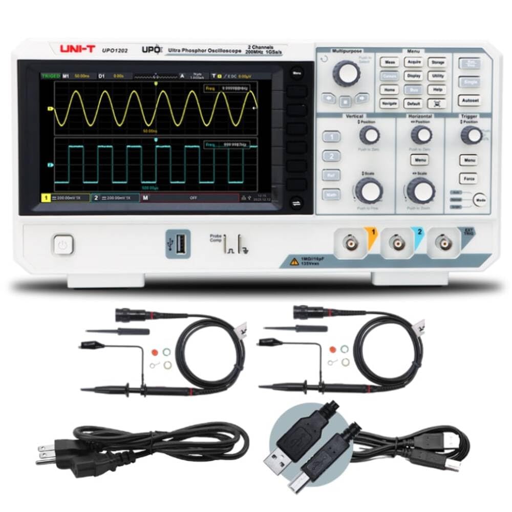 UNI-T UPO1202 - Oscilloscopio digitale, larghezza banda 200 MHz, 2 canali, frequenza di campionamento 1 GS/s, profondità di memoria 56 Mpts, tasso di acquisizione di 500.000 forme d'onda/s