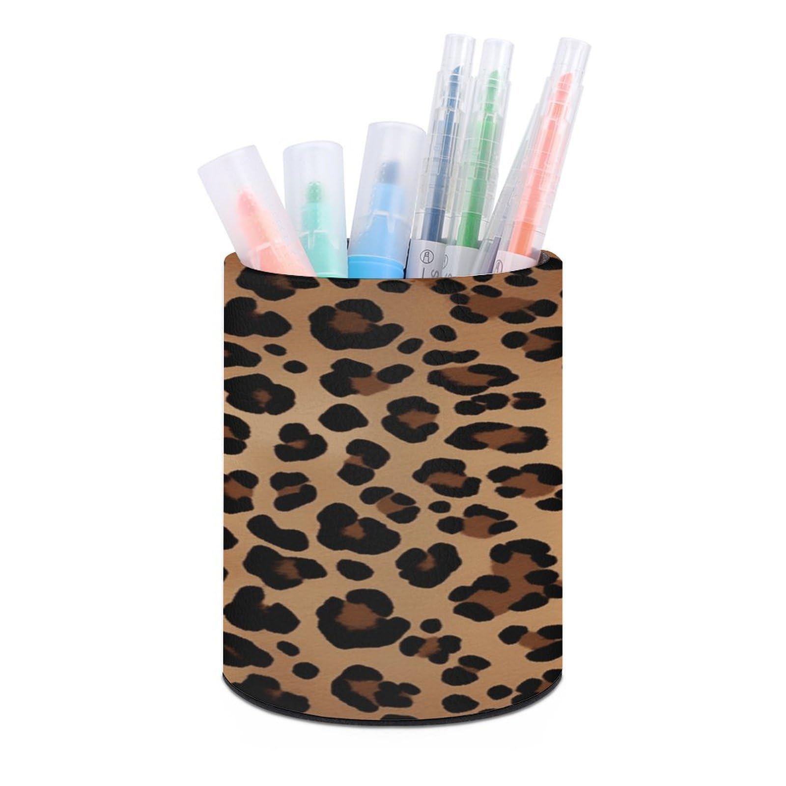 VstaDank Leopard Print Pen Holder PU Leather Pencil Cup Minimalist Desk Pencil Holder Round Make Up Brush Organizers For Office Dorm Room&Vanity Desk Accessories