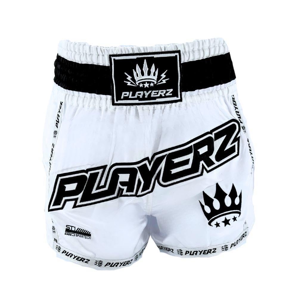Playerz Boxing Est 2020Playerz SparTech Muay Thai Shorts - Authentic Craftsmanship, Enhanced Mobility, Secure Fit, Black/White and White/Black Designs, Unisex Training Shorts Perfect for Training and Bouts
