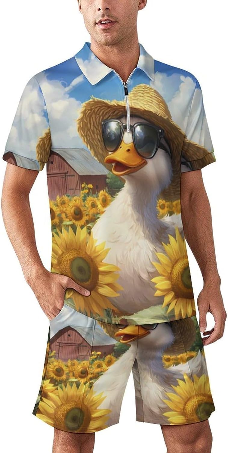Farm Sunflower Duck Mens Polo Shirts Track Suits 2 Piece Short Sleeve Sweatsuit 1/4 Zip Golf Loungewear for Sports