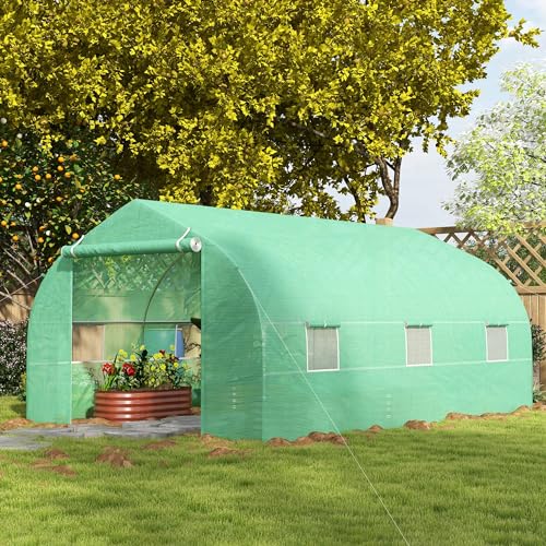 Outsunny 11.5' x 10' x 6.5' Outdoor Walk-in Greenhouse, Tunnel Green House with Roll-up Windows, Zippered Door, PE Cover, Heavy Duty Steel Frame, Green - Image 9