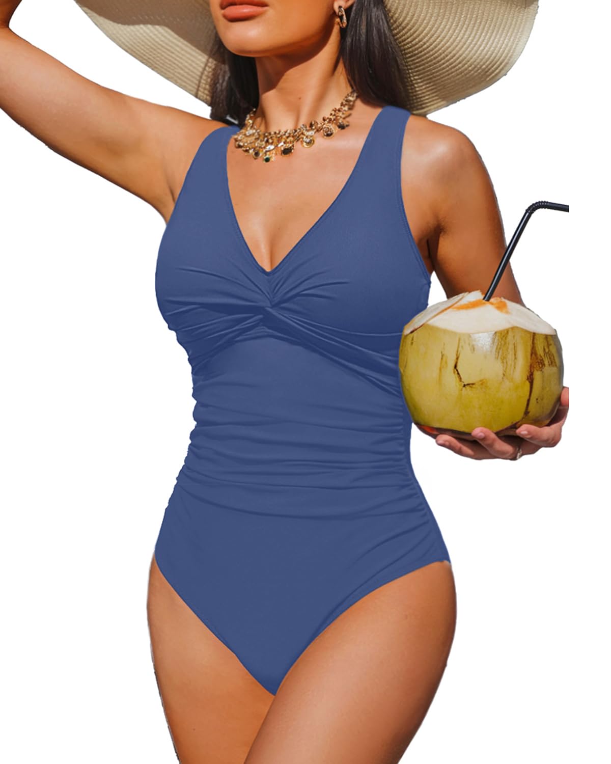 Holipick Women Tummy Control One Piece Swimsuit - Push Up Bathing Suit Full Coverage Slimming Swimwear, Blue, Large