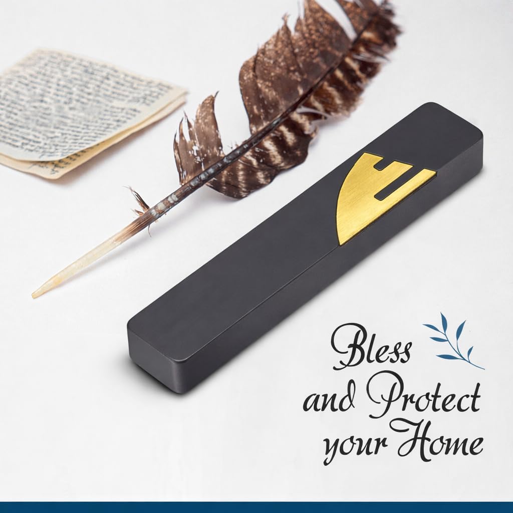Modern Concrete Mezuzah Case for Door, Melted-in Gold Shin, Waterproof & Weatherproof, Easy Peel and Stick Installation, Fits Up to 6-Inch Scroll (1, Black)