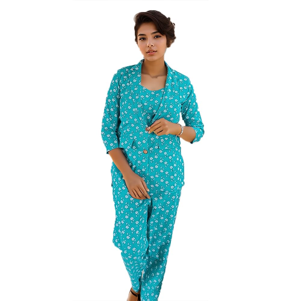 Women's Teal Floral Printed 3-Piece Co-ord Set, Blazer with Cami Top and Trousers-image-22