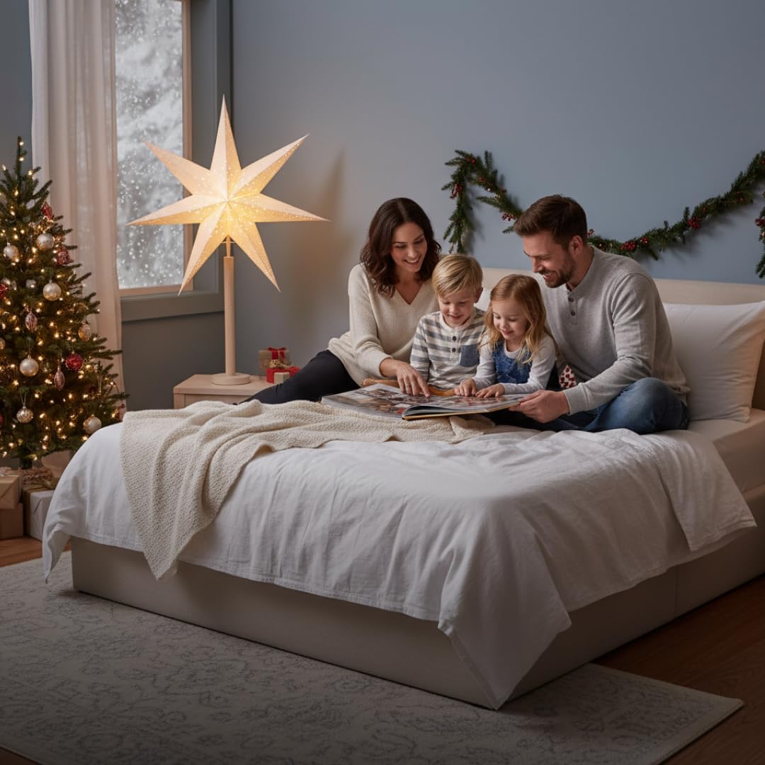 Stehlampe Weihnachtsstern Elice von Star Trading, 3D Papierstern Weihnachten mit Holz-Fuß in Natur, Dekostern Stehleuchte mit Kabelschalter, E14, Höhe: 85 cm