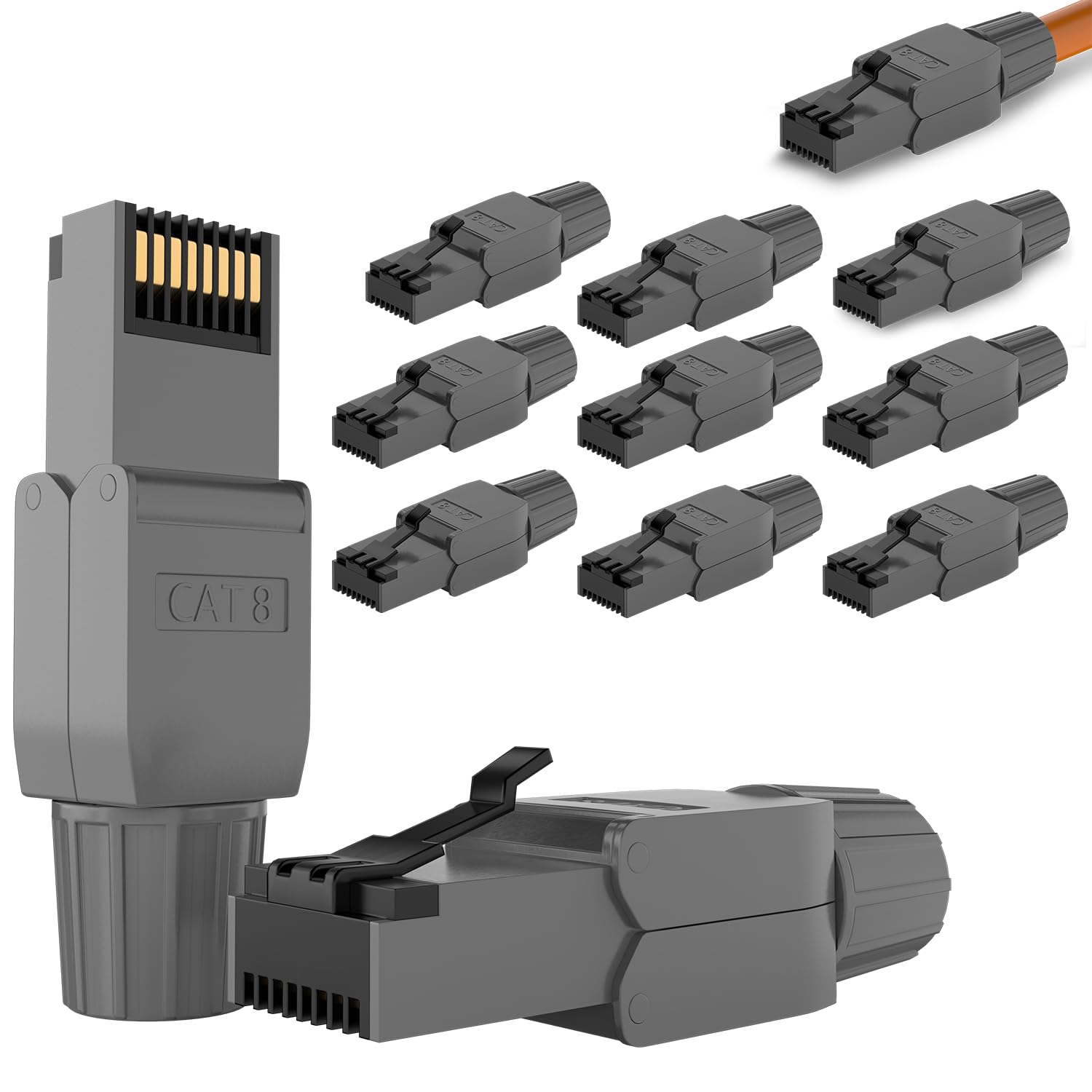 RedStar24 RJ45 Stecker Werkzeuglos CAT 7 CAT 8 Netzwerkstecker für Verlegekabel CAT8 CAT7 CAT6a LSA Feldkonfektionierbarer LAN Crimpstecker Geschirmt bis 40 Gbps 2000MHz 12 Stück