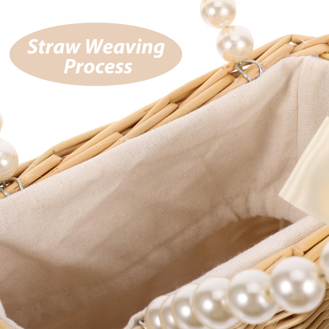 1Pc Straw Beach Handbag Pearl Basket Purse Hand-Woven Wicker Bag Rattan Tote Shoulder Summer Purse with Peral Decor Cute Elegant Waterproof for Women Vacation