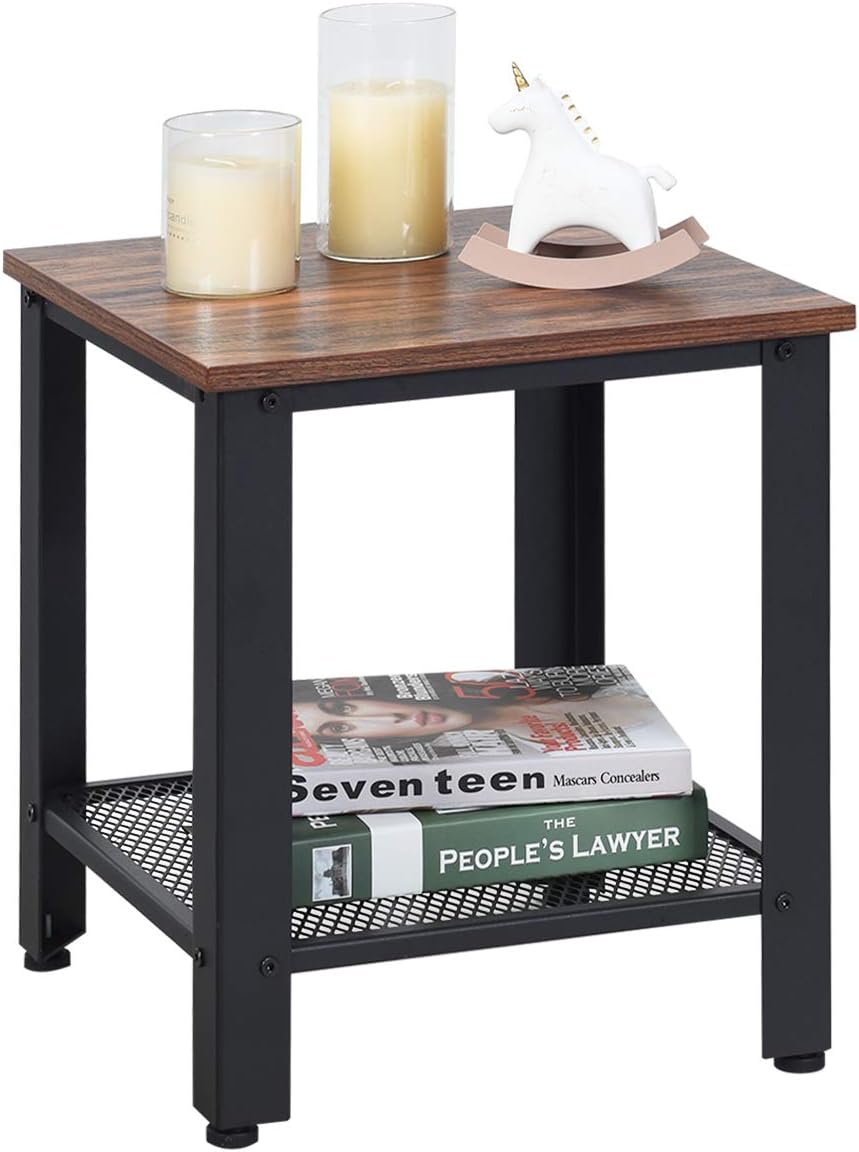 HOMGX Small Side Table, 2-Tier Home End Table with Adjustable Feet, Industrial Nightstand with Storage Shelf & Metal Frame, Vintage Style Sofa Table for Small Spaces (Black)