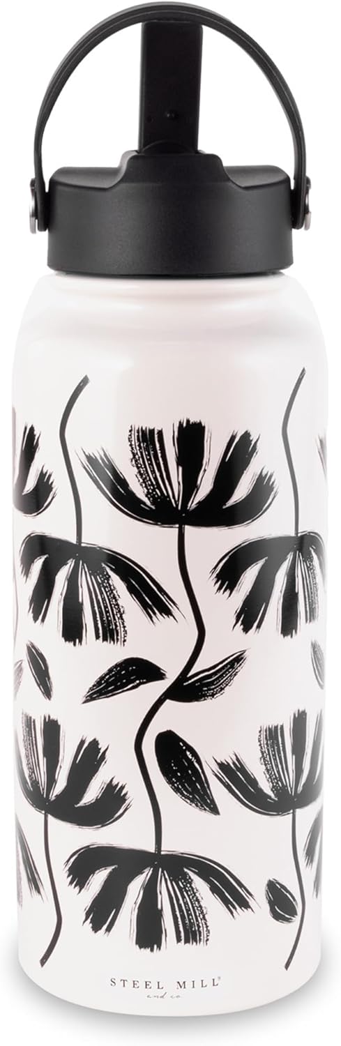 STEEL MILL AND CO. Stainless Steel Insulated Water Bottle, 33 Oz Travel Tumbler with Lid, Cute Floral Reusable Metal Water Bottle for School/Work/Gym, Hand Drawn Black Floral
