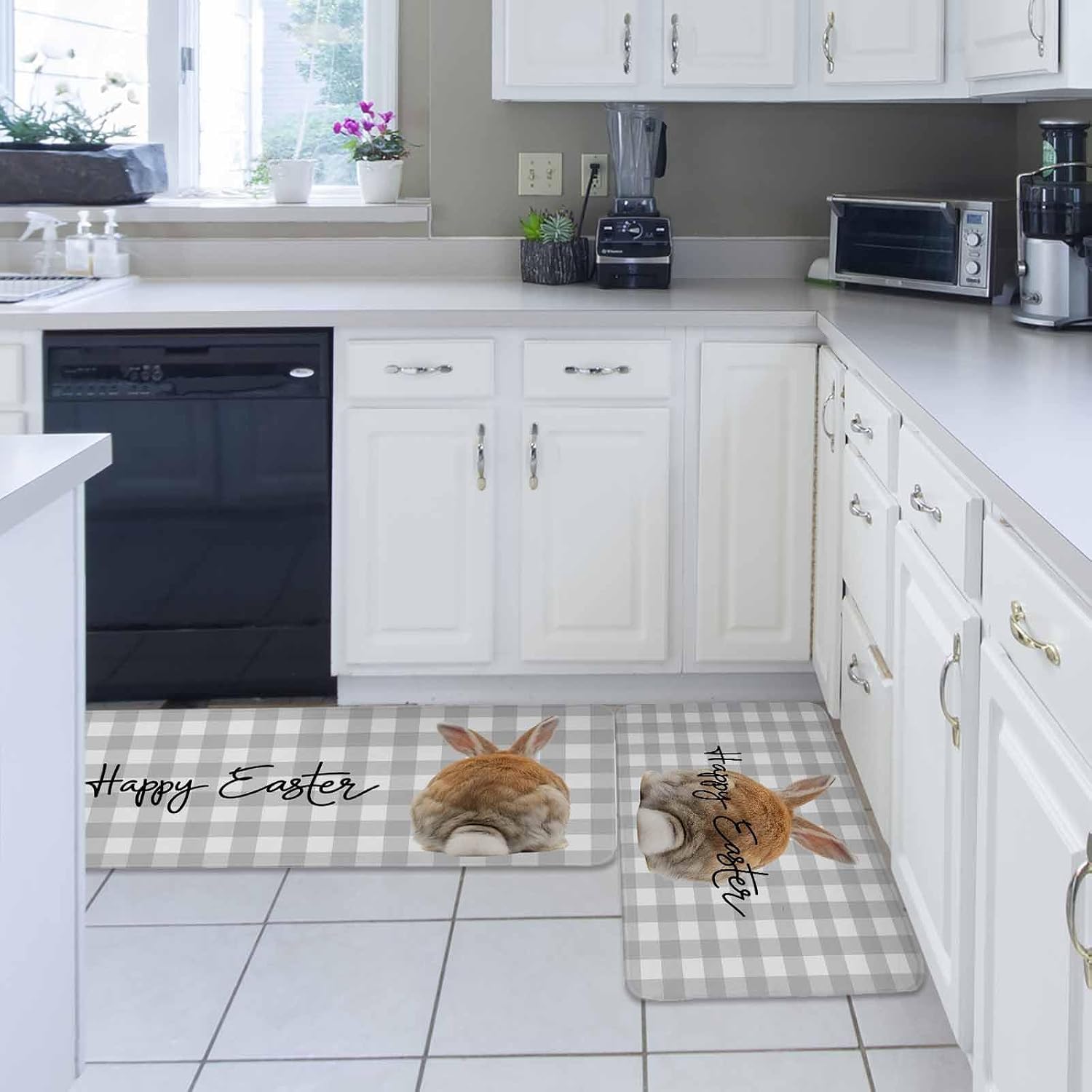 Grey Easter Kitchen Rugs and Mats Set of 2, Non-Slip Kitchen Sink Mat, Spring Watercolor Bunny Plaid Checkered Washable Doormat Bathroom Rugs Runner for Bedroom/Living Room 19.7"x31.5"+19.7"x63"
