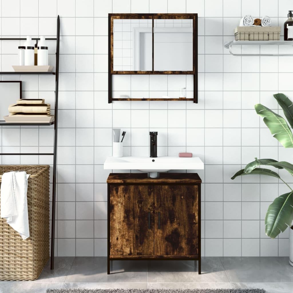 Set di 2 mobili da bagno in legno di rovere affumicato, armadietto