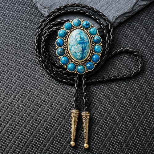 Image of GelConnie Bolo Tie for Men Women Western Cowboy Turquoise Leather Necktie | Natural Stone Bolo Tie Necklace for Women Rodeo Cowboy Leather Necktie Native American Western Cowgirl Ties Adjustable Cord