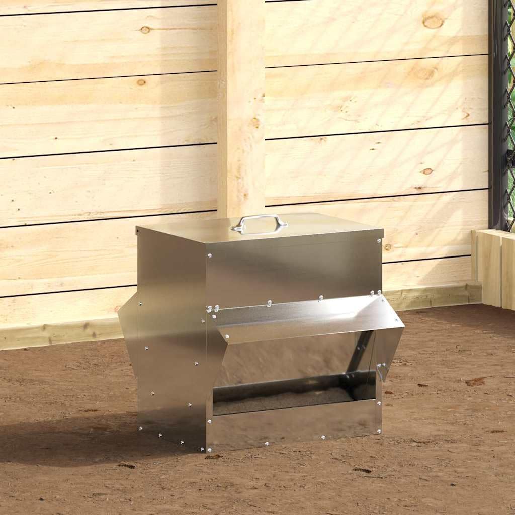 Hühnerfütterer aus verzinktem Stahl Silber 40,5 x 45 x 41 cm mit Dach und Deckelgriff wetterfeste Futterstation für Innen und Außenbereich langlebig und pflegeleicht