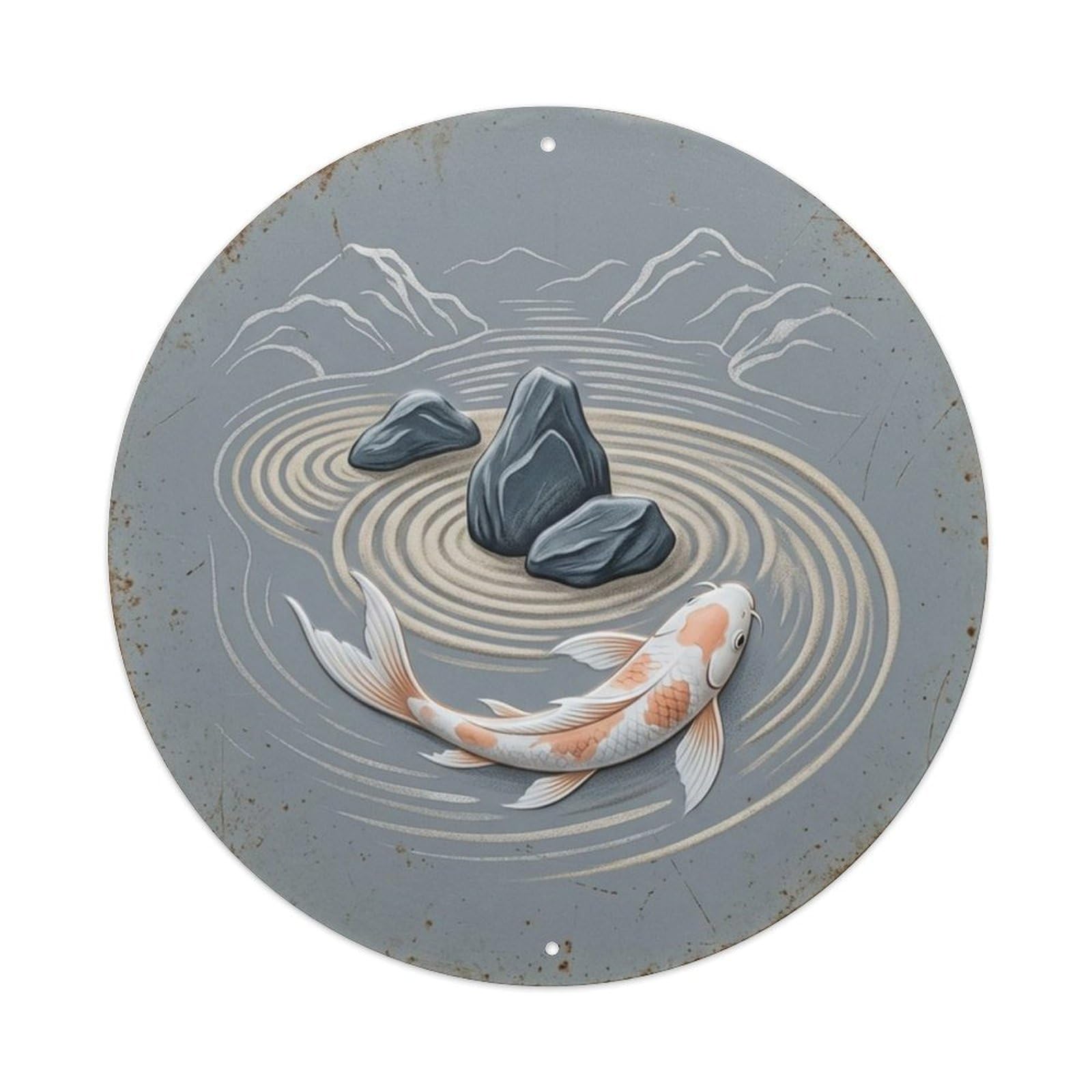 Fqcyn Style Koi Fish Slate Zen Rock Entryway Metal Tin Sign Plaque Wall Decor For Cafe, Club Bar, Office, Home Garden Round Metal Poster 8X8inch