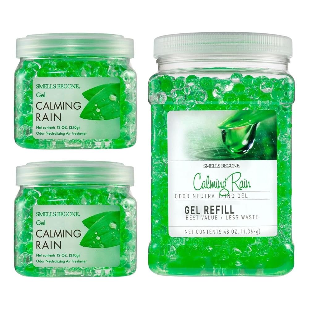 SMELLS BEGONE 72 oz Odor Eliminator Gel Value Pack - Air Freshener - Absorbs & Eliminates Odors in Bathrooms, Basements, Pet Areas, Boats, RVs & Cars - Made with Essential Oils - Calming Rain Scent