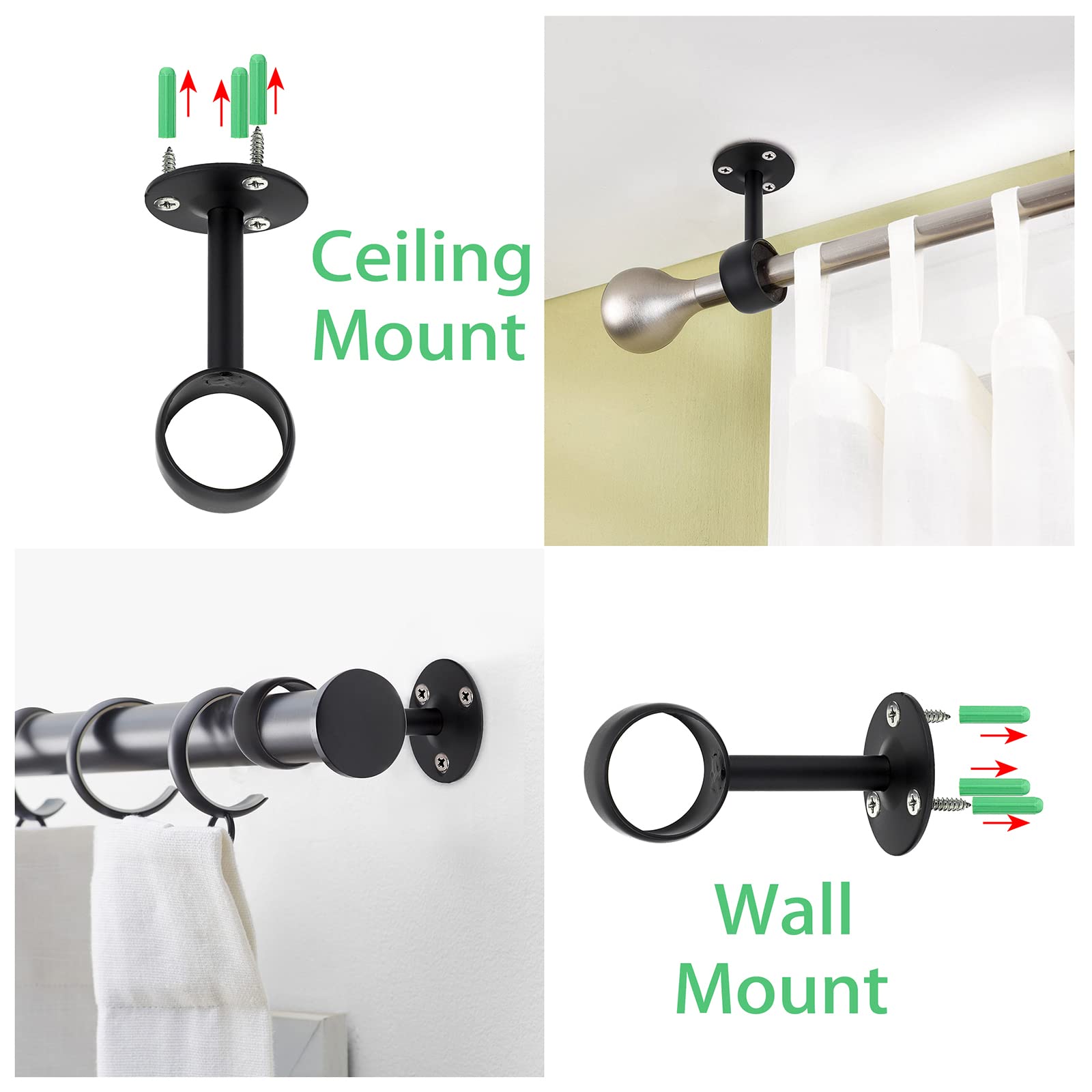 BTSKY 8PCS Ceiling Curtain Rod Brackets - Stainless Steel, Fit 32mm/1-1/4 Inch Poles, Black