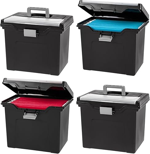 IRIS USA - Caja de archivos portátil tamaño carta con tapa organizadora integrada y asa para carpetas colgantes paquete de 4 grande negro IRIS USA - Caja de archivos portátil tamaño carta con tapa organizadora integrada y asa para carpetas colgantes paquete de 4 grande negro