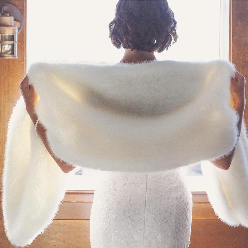 Wedding Faux Fur Shawls and Wraps Bridal Fur Scarf Winter Cape with Rhinestones Brooch Warmer Stole for Women - Image 2