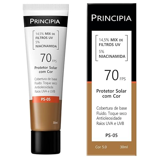 Protetor Solar Facial Principia 14,5% Mix de Filtros UV + 5% Niacinamida FPS 70 PS-05 Cor 5.0 com 30ml