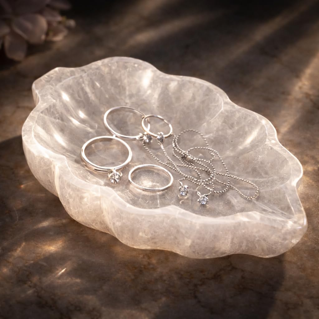 NKlaus Cuenco de hojas de selenita de 12 cm – Piedra natural para limpiar piedras curativas y joyas, cuenco decorativo tallado a mano para meditación, reiki y esoterismo